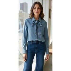 MNG Mango Denim Bow Button Down Shirt Size Medium Cotton Tencel Button Cuff